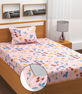 Crafteal Cotton Single Fitted (Elastic) 210 TC Self Design Bedsheet(Pack of 1, Multicolor)
