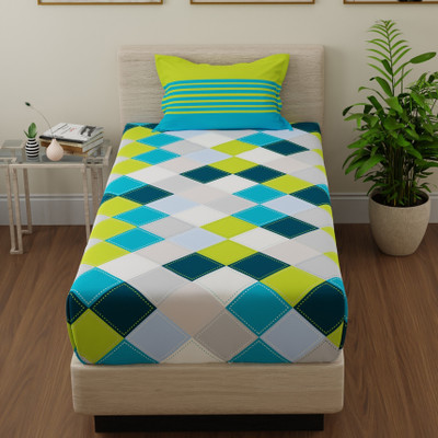 Huesland Cotton Single Flat 144 TC Checkered Bedsheet(Pack of 1, Blue, Green and Grey)