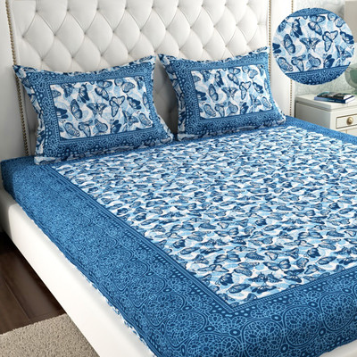 Leo Creation Cotton Double Flat 144 TC Jaipuri Prints Bedsheet(Pack of 1, Kerosene, Blue, Black)