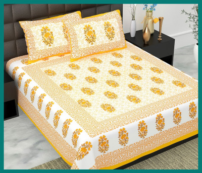 BedZone Cotton Double Flat 240 TC Jaipuri Prints Bedsheet(Pack of 1, Yellow)
