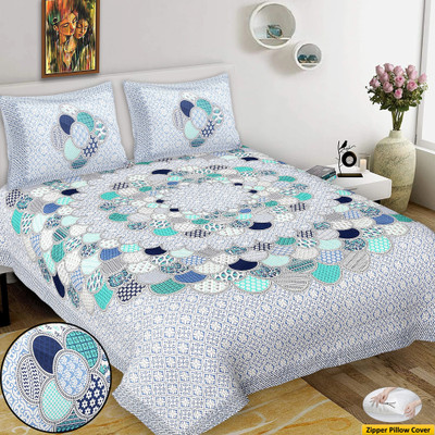 VNV Creation 220 TC Cotton King Jaipuri Prints Flat Bedsheet(Pack of 1, Blue)