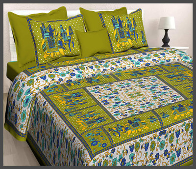 JAIPUR PRINTS Cotton Double Flat 160 TC Jaipuri Prints Bedsheet(Pack of 1, Green)