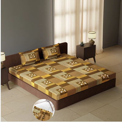 CARLTON LONDON 104 TC Cotton Queen Geometric Fitted (Elastic) Bedsheet(Pack of 1, Multicolor61)