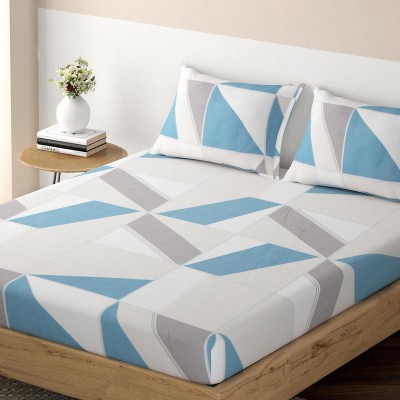 HOKiPO 140 TC Microfiber Queen Geometric Fitted (Elastic) Bedsheet(Pack of 1, Abstract Geometric Sky Blue)
