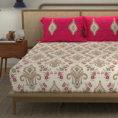Urban Space Cotton Double Flat 144 TC Printed Bedsheet(Pack of 1, Beige)