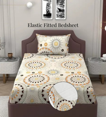 YKNIP 250 TC Cotton Single Geometric Fitted (Elastic) Bedsheet(Pack of 1, Cotton Single Fitted Bedsheet 72x36 In with 1 Pillow Cover 18x28 In Cream)
