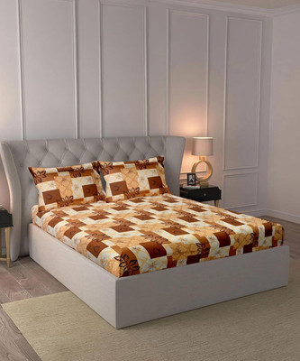 well decor Cotton King Fitted (Elastic) 104 TC Printed Bedsheet(Pack of 1, Brown, Beige)