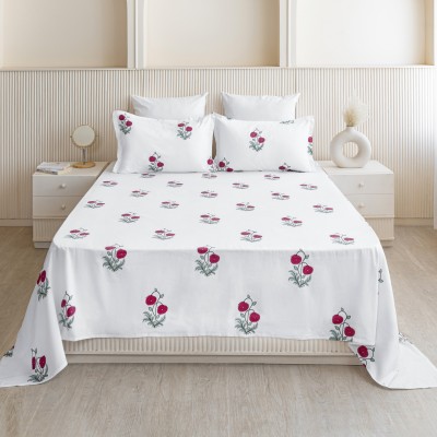 HOMEMONDE 210 TC Cotton Double Printed Flat Bedsheet(Pack of 1, Red Rose)