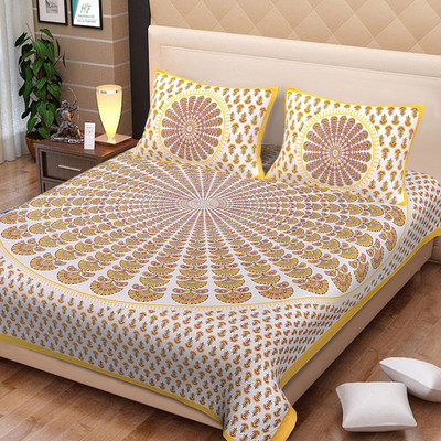 PALANG SHOBHA Cotton King Flat 400 TC Jaipuri Prints Bedsheet(Pack of 1, Yellow)