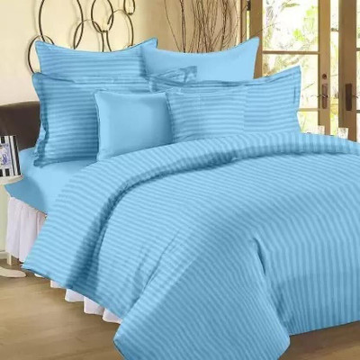 rivek Satin King Flat 300 TC Striped Bedsheet(Pack of 1, SKY BLUE)
