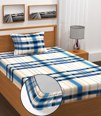 Crafteal Cotton Single Fitted (Elastic) 210 TC Self Design Bedsheet(Pack of 1, Multicolor)