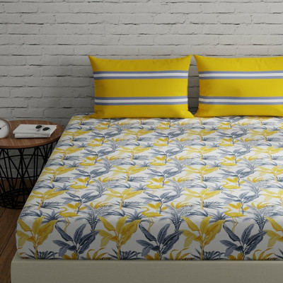 Huesland Cotton King Flat 144 TC Striped Bedsheet(Pack of 1, Flamingo & Stripes - Yellow & Grey)