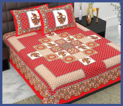 BedZone Cotton Double Flat 240 TC Jaipuri Prints Bedsheet(Pack of 1, Red)