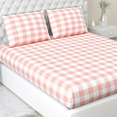 haus & kinder Cotton King Fitted (Elastic) 186 TC Geometric Bedsheet(Pack of 1, White, Pink)