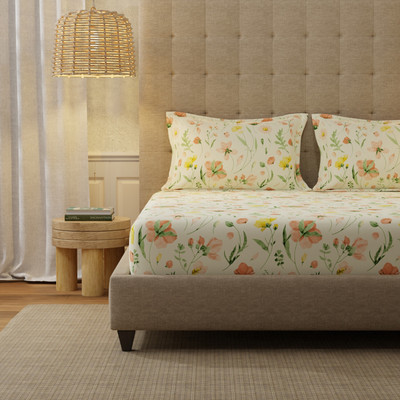 Urban Space Cotton King Fitted (Elastic) 200 TC Floral Bedsheet(Pack of 1, Meadows Buttercream)