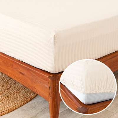 HOMEMONDE Cotton King Fitted (Elastic) 210 TC Striped Bedsheet(Pack of 1, White)