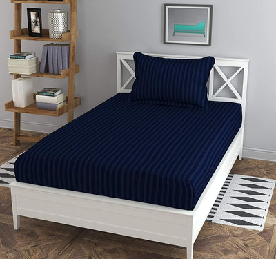 Hardeep 300 TC Satin Single Striped Flat Bedsheet(Pack of 1, Blue)