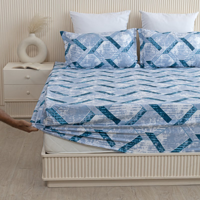 HOMEMONDE 210 TC Cotton Single Printed Fitted (Elastic) Bedsheet(Pack of 1, Sky Blue)