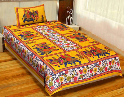BharatLinen Cotton Single Flat 144 TC Animal Bedsheet(Pack of 1, Yellow)