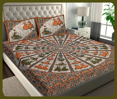 BedZone Cotton Double Flat 240 TC Jaipuri Prints Bedsheet(Pack of 1, Brown)