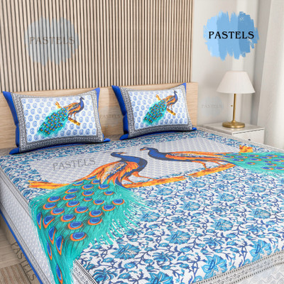 Pastels 144 TC Cotton Double Jaipuri Prints Flat Bedsheet(Pack of 1, Blue)