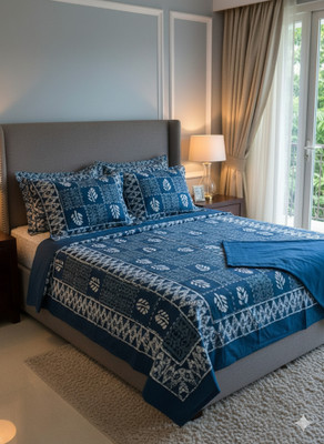 VvistaraComfort Cotton King Flat 330 TC Jaipuri Prints Bedsheet(Pack of 1, Blue white)