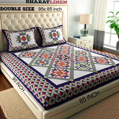 BharatLinen Cotton King Flat 144 TC Jaipuri Prints Bedsheet(Pack of 1, Red)