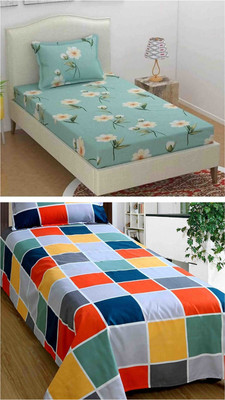 Tdot Creations 220 TC Cotton Single Printed Flat Bedsheet(Pack of 2, Two Matching Pillow Covers Included, Multibox)