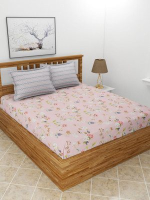 BREVARD Polycotton King Flat 210 TC Printed Bedsheet(Pack of 1, Pink)