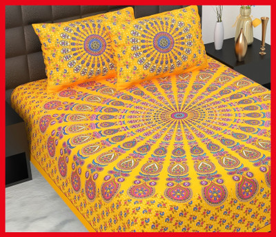 BedZone Cotton Double Flat 240 TC Jaipuri Prints Bedsheet(Pack of 1, Yellow)