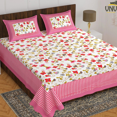 VNV Creation 144 TC Cotton Double Jaipuri Prints Flat Bedsheet(Pack of 1, Pink, White)