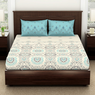 SPACES 144 TC Viscose Queen Floral Flat Bedsheet(Pack of 1, Cream)