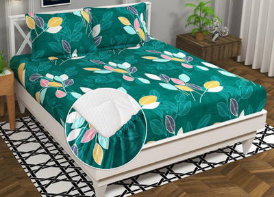 ClassicFits Cotton King, Queen, Double Fitted (Elastic) 250 TC Floral Bedsheet(Pack of 1, Dark Green, Multicolor)