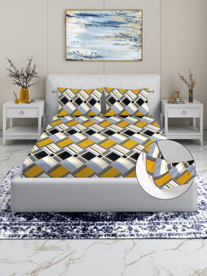 EXFAB 244 TC Cotton Double Printed Fitted (Elastic) Bedsheet(Pack of 1, Yellow, Black)
