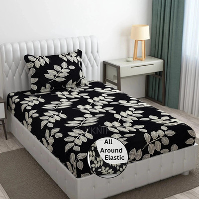 Adidev Cotton Single Fitted (Elastic) 250 TC Floral Bedsheet(Pack of 1, Black)