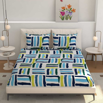 vnm home Microfiber, Cotton King Fitted (Elastic) 210 TC Printed Bedsheet(Pack of 1, Black, Blue)