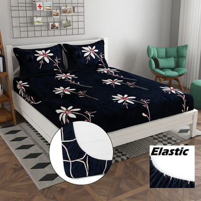 TOZO SHINE Woolen King Fitted (Elastic) 350 TC Floral Bedsheet(Pack of 1, Blue)