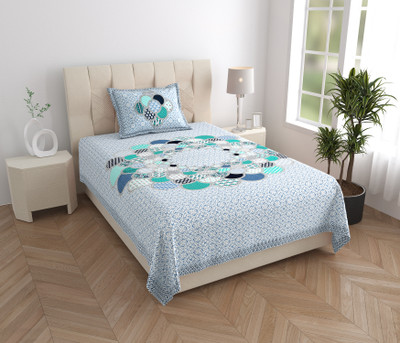 HOMEQUIPO 140 TC Cotton Single Jaipuri Prints Flat Bedsheet(Pack of 1, Blue)