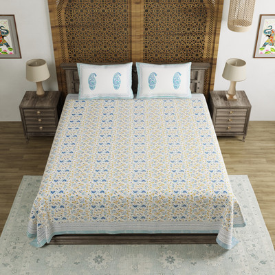 Blocks Of India Cotton Double Flat 200 TC Printed Bedsheet(Pack of 1, Blue, Yellow)