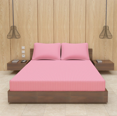 Optra Microfiber Double Flat 300 TC Striped Bedsheet(Pack of 1, Pink)
