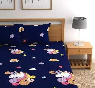 Tuteja Home Decors 220 TC Cotton Queen Printed Fitted (Elastic) Bedsheet(Pack of 1, unicorn designer fitted bedsheet with matching pillow cover)