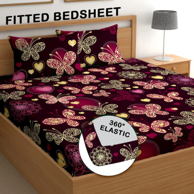 CG Homes Cotton Double Fitted (Elastic) 180 TC Printed Bedsheet(Pack of 1, Plum Purple)