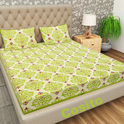 Cosito 144 TC Cotton Double Jaipuri Prints Flat Bedsheet(Pack of 1, Light Green)