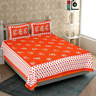 E ELMA 151 TC Cotton Double Printed Flat Bedsheet(Pack of 1, Orange)