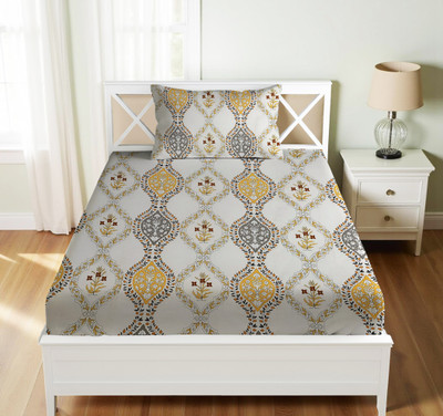 Vishal international Cotton Single Flat 220 TC Floral Bedsheet(Pack of 1, White Gold)