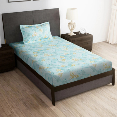 Story@home 180 TC Microfiber Single Printed Flat Bedsheet(Pack of 1, Mint, Golden)