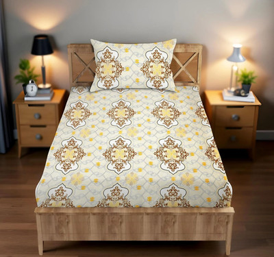 BharatLinen Cotton Single Flat 144 TC Printed Bedsheet(Pack of 1, Beige with Yellow)