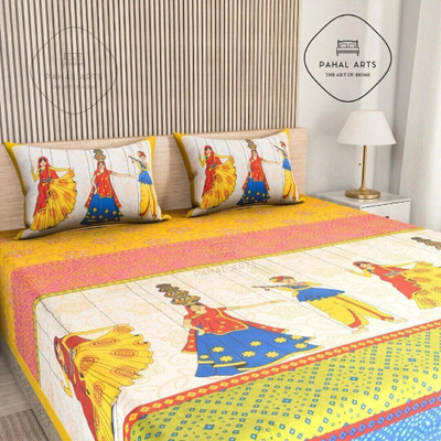PahalArts Cotton Double Flat 144 TC Jaipuri Prints Bedsheet(Pack of 1, Yellow, Pink, Blue, Light Blue, Green, Red, Beige, Black,)