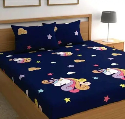 SMenterprisesme Cotton Double Fitted (Elastic) 180 TC Printed Bedsheet(Pack of 1, Blue Cartoon Bedsheets (Size : 72X78 Inches) with 2 Pillow Covers (Size : 44x66))