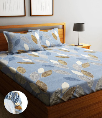Home Sizzler 210 TC Microfiber Double Abstract Fitted (Elastic) Bedsheet(Pack of 1, Light Blue)